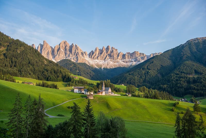 Village of St Magdalena, with Dolomites at the background. Dolomites are a big Unesco world heritage site.